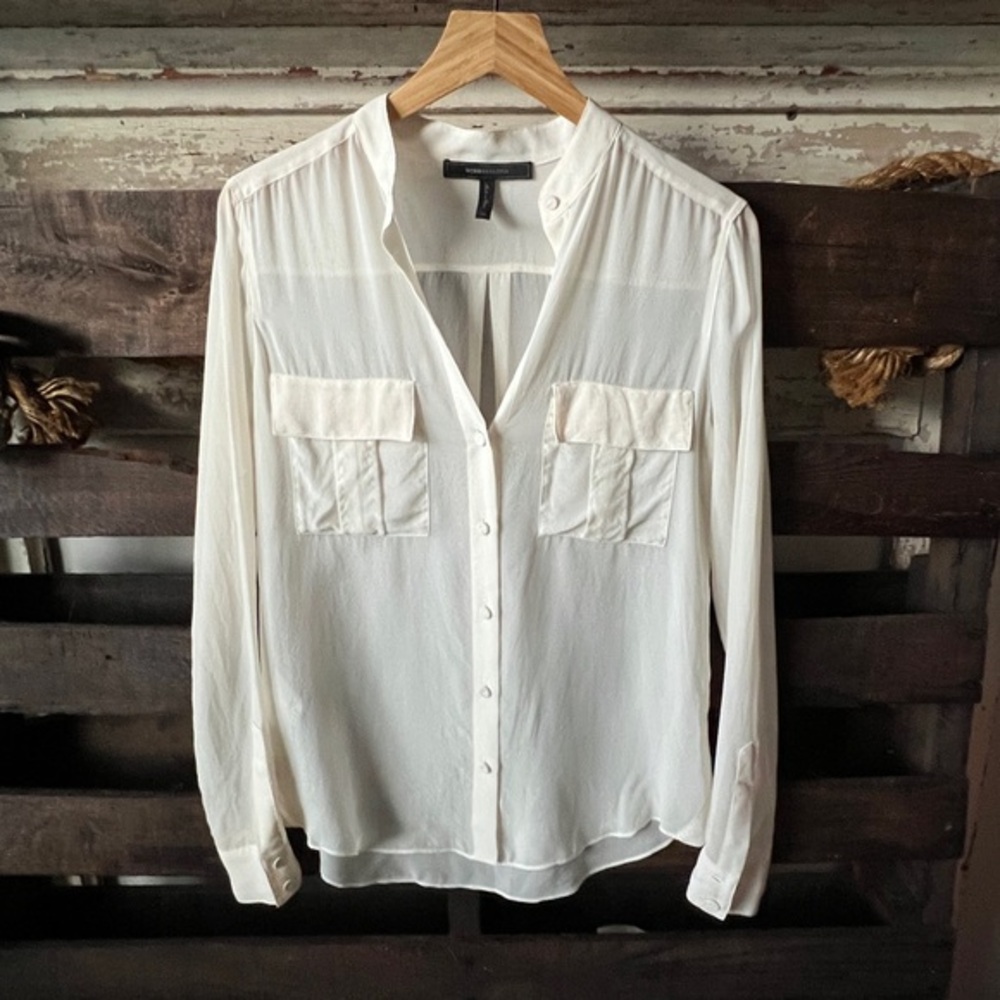 🟤BCBG Button Down Long Sleeve 100% Silk Top in Semi-Sheer Cream XS